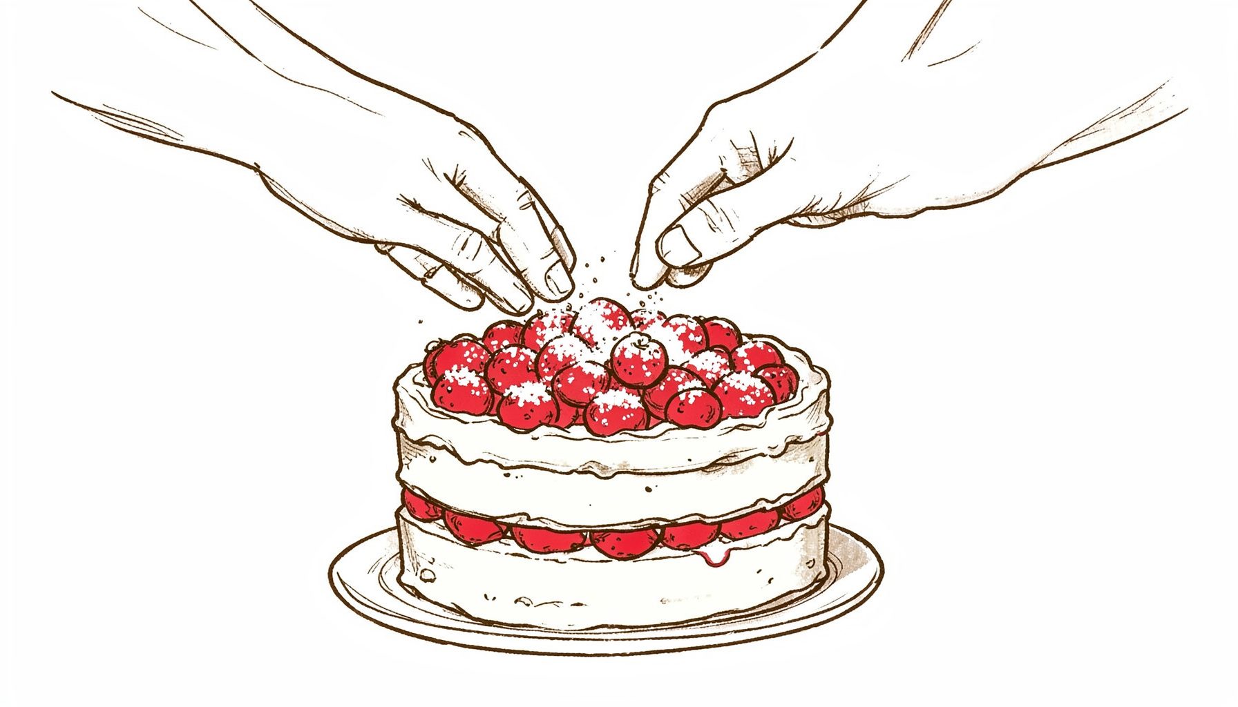 Ilustración a tinta de unas manos espolvoreando azúcar glas sobre una tarta desnuda de varias capas, con frutos rojos asomando entre los rellenos, en trazos sueltos y tonos sepia.