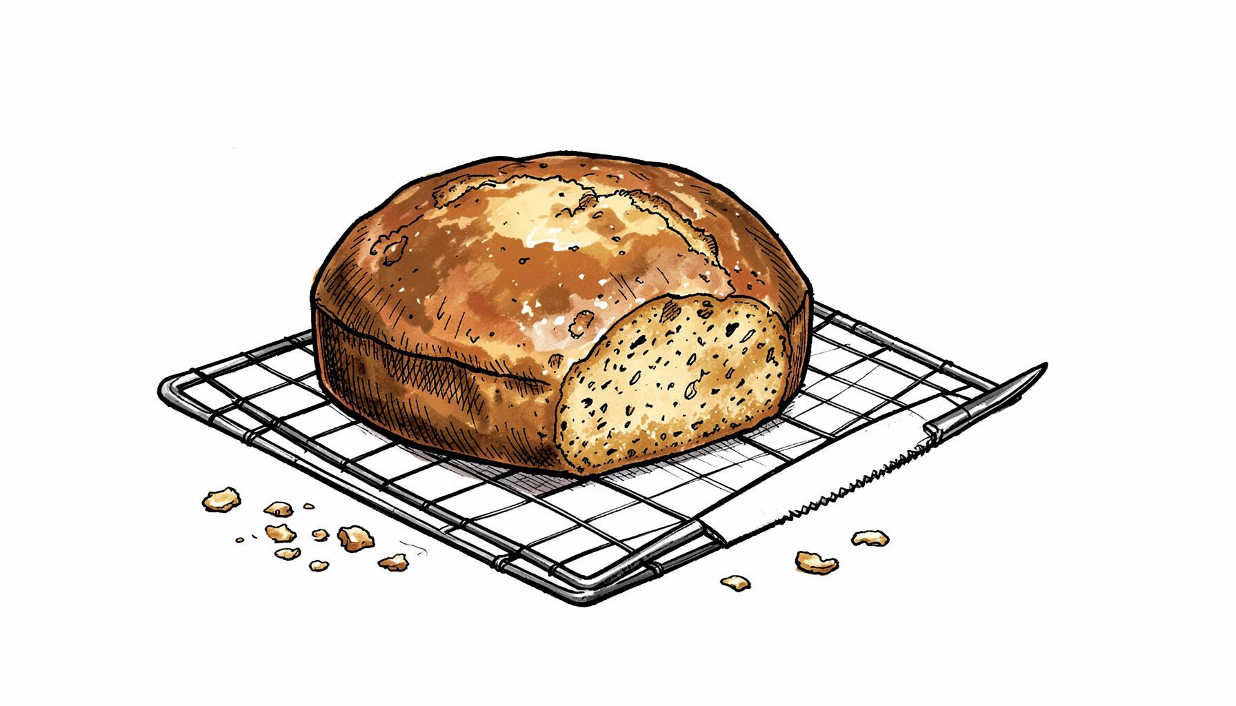 Ilustración a tinta de un bizcocho recién horneado sobre una rejilla, con un cuchillo de sierra y migas esparcidas, en tonos cálidos de caramelo y marrón.