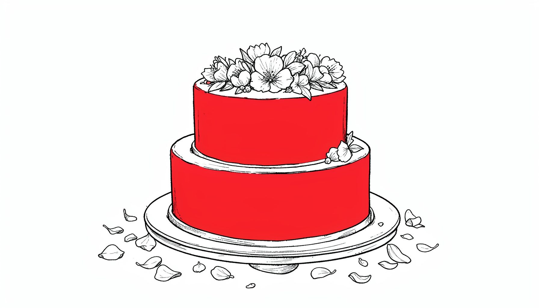 Ilustración a tinta de una tarta de bodas de dos pisos con decoración floral delicada, sobre una mesa con pétalos sueltos, en trazos finos y elegantes.