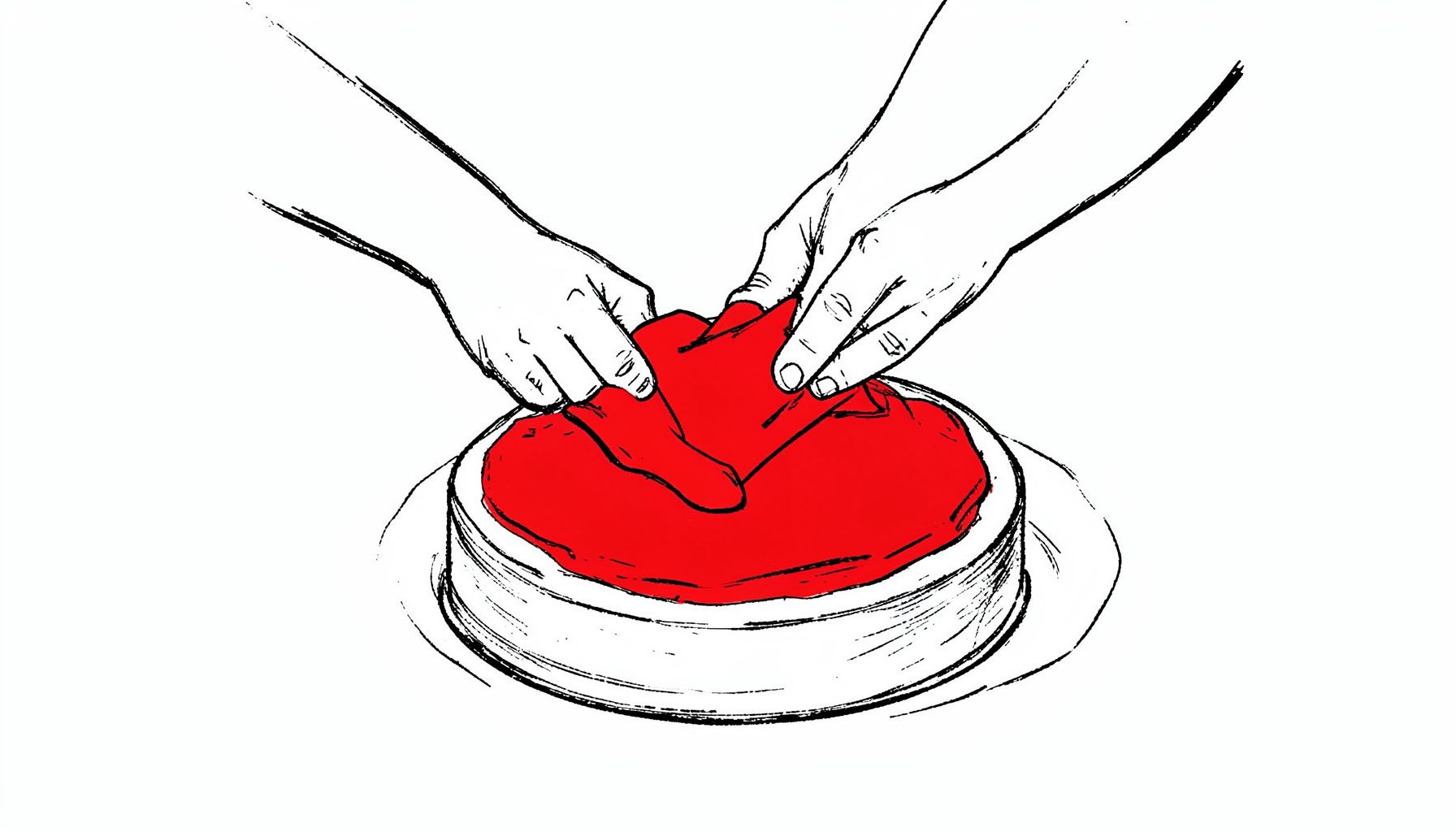Ilustración a tinta de manos trabajando una manga pastelera sobre una tarta, con trazos sueltos y detalle artesanal