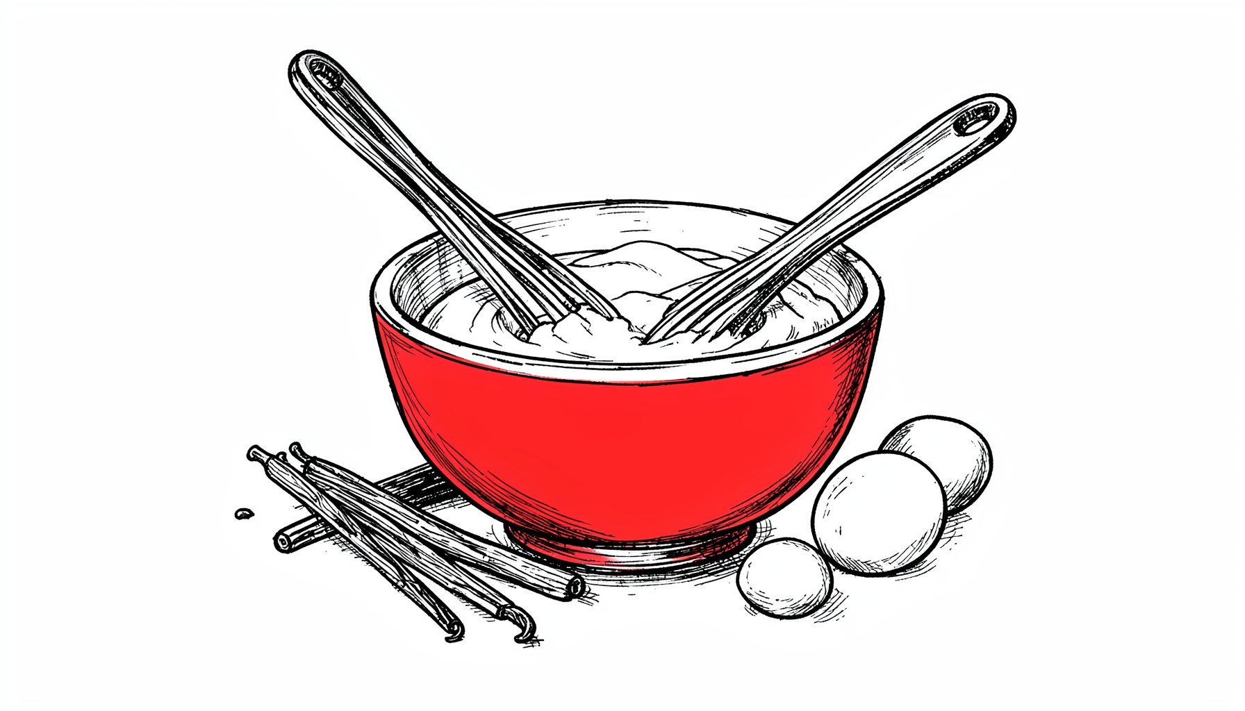 Ilustración a tinta de un bol de porcelana con crema de mantequilla siendo batida con varillas, rodeado de ingredientes como vainas de vainilla y huevos, en estilo boceto.