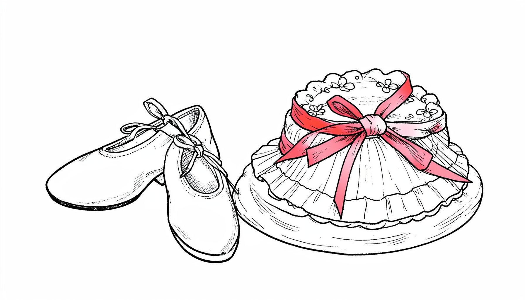 Ilustración a tinta de unas zapatillas de ballet de fondant posadas junto a una tarta decorada, con cintas de raso y un tutú sugerido en trazos ligeros.