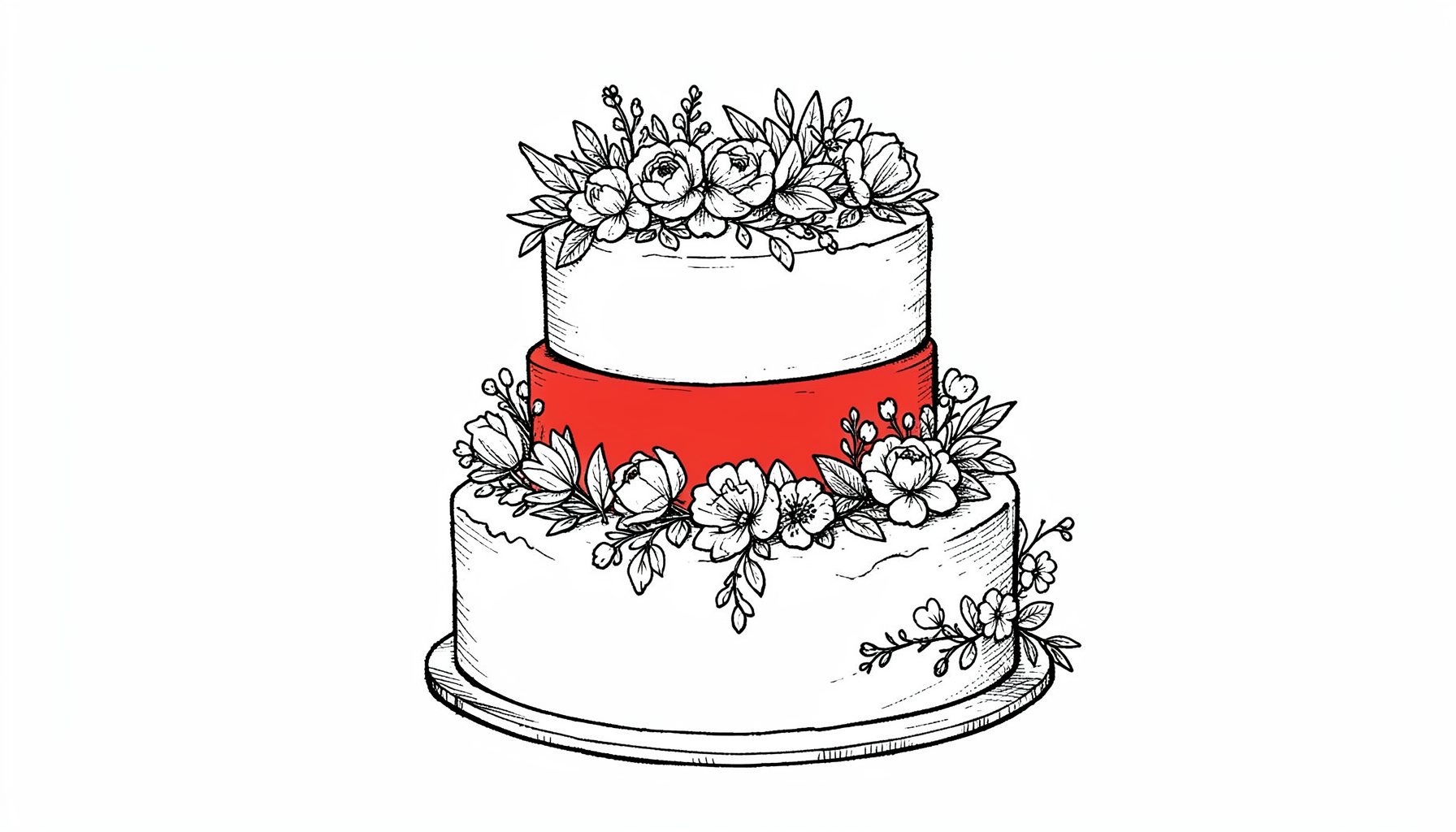 Ilustración a tinta de una tarta de bodas de tres pisos decorada con flores frescas y detalles botánicos, estilo dibujo artesanal en blanco y negro