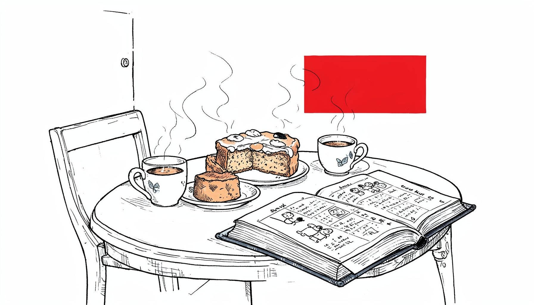 Ilustración a tinta de una mesa de té con tarta, tazas humeantes y un libro de recetas abierto, en un ambiente acogedor de cocina casera, estilo Sarah Kay.