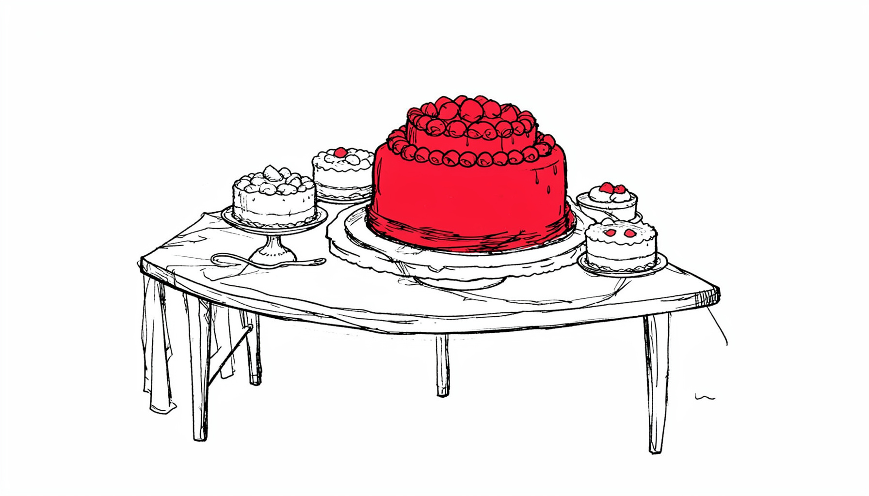 Ilustración a tinta de una mesa de postres nupcial con varias tartas pequeñas y una tarta principal, estilo boceto delicado
